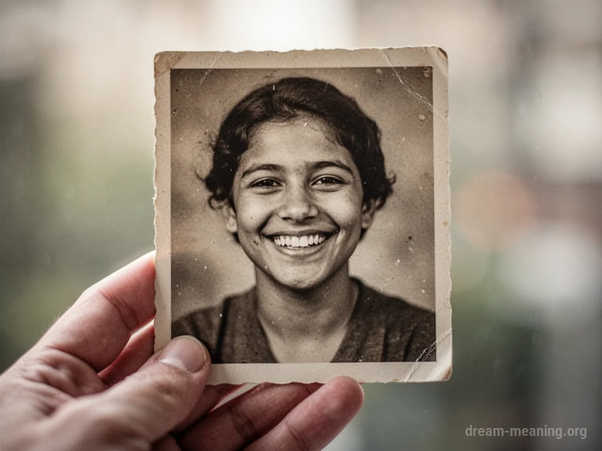 A hand holding an old photograph of a smiling person.