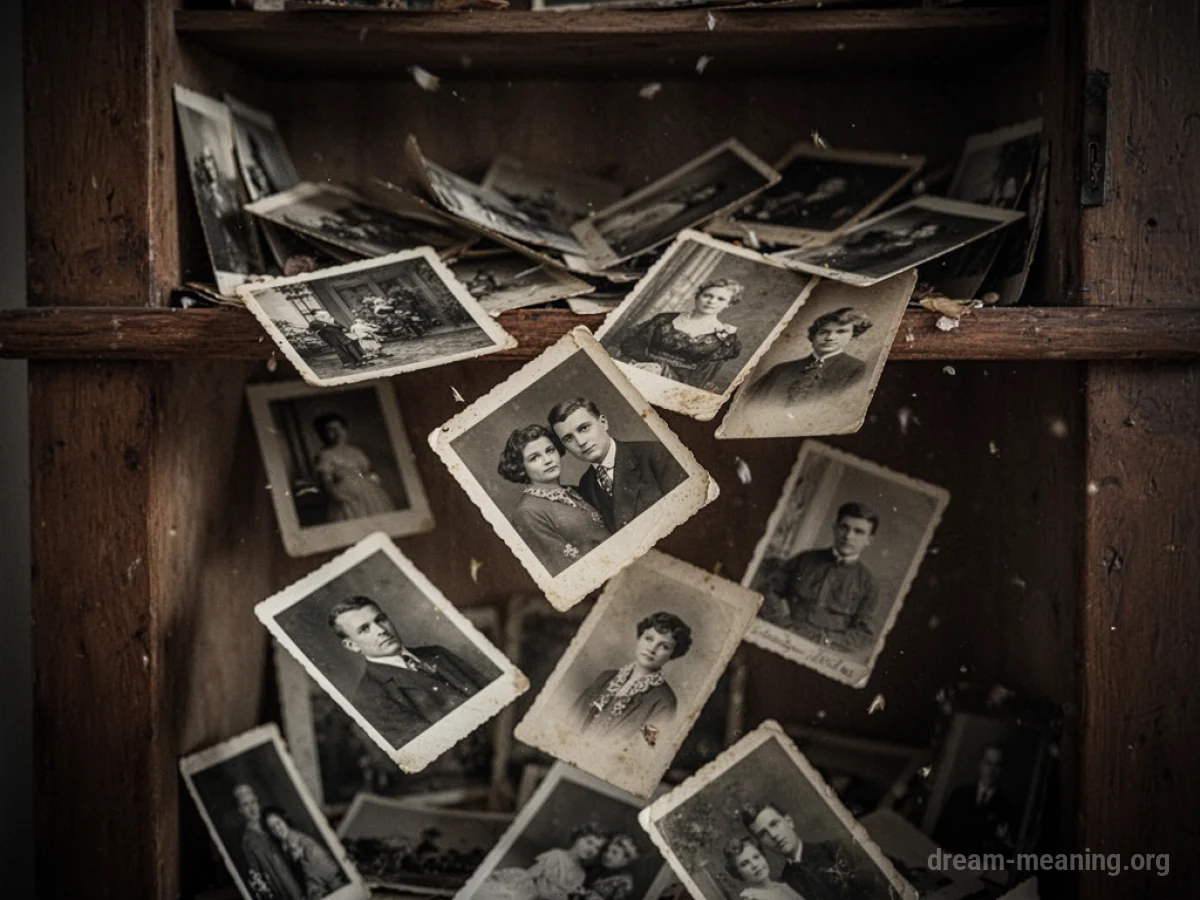 Several old photographs are falling from a shelf.