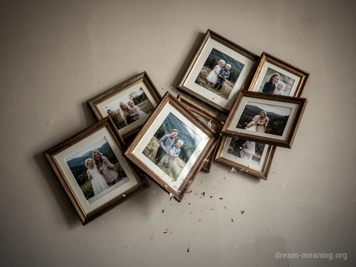 Framed photographs tilting and sliding down a wall.
