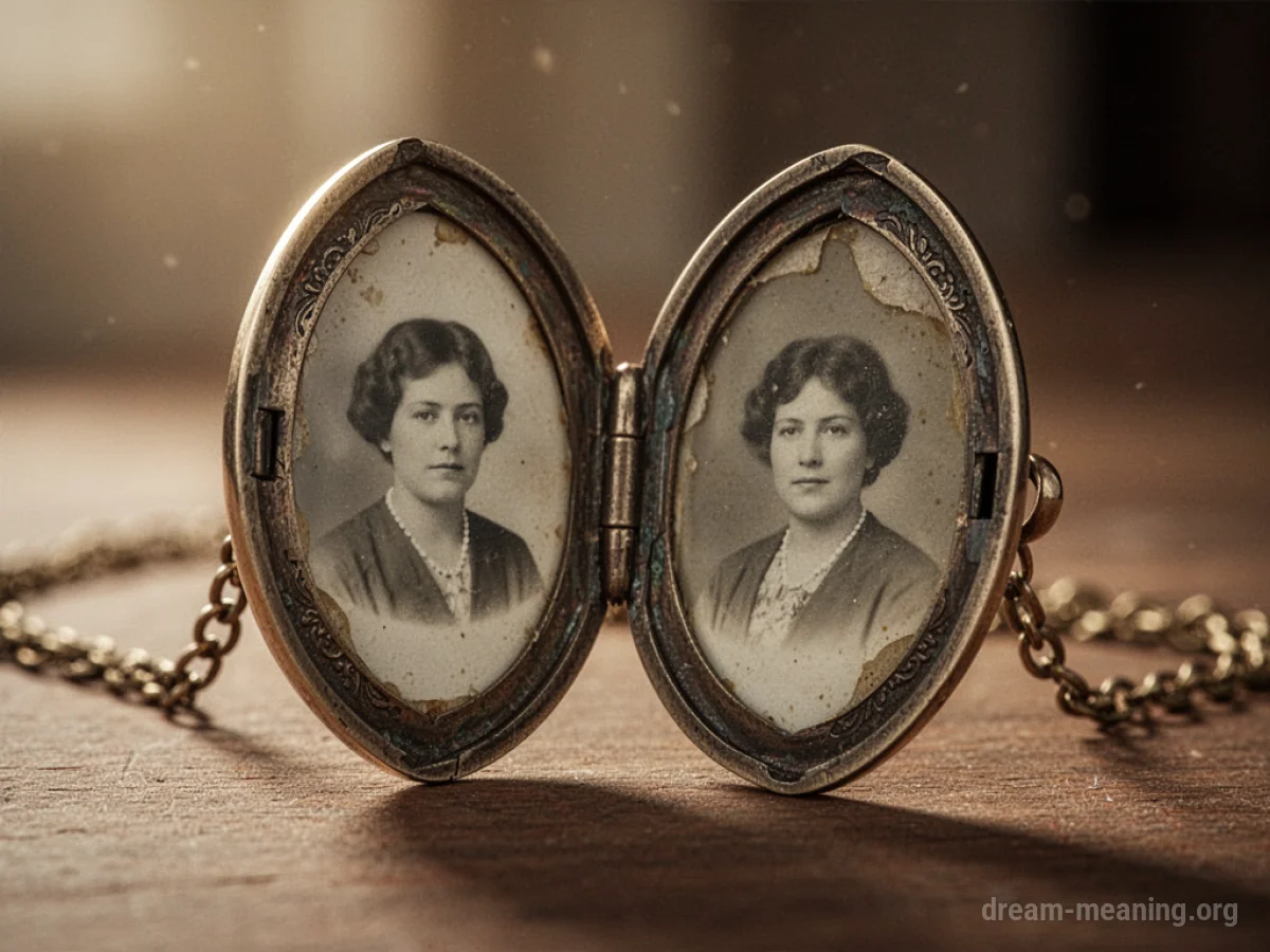 An open locket displaying two old photographs.