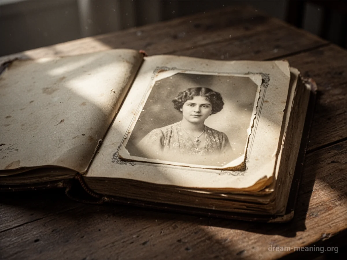 An open photo album with a faded image of a woman.