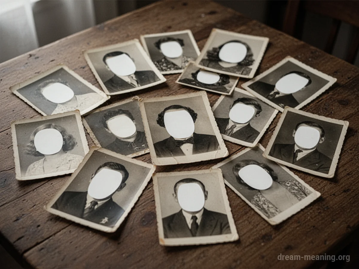 Several old photographs with blank white spaces where faces would normally appear.