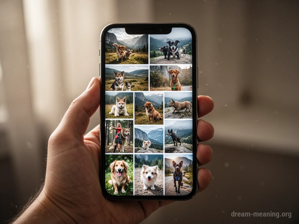 A hand holding a smartphone displaying a grid of various photographs.