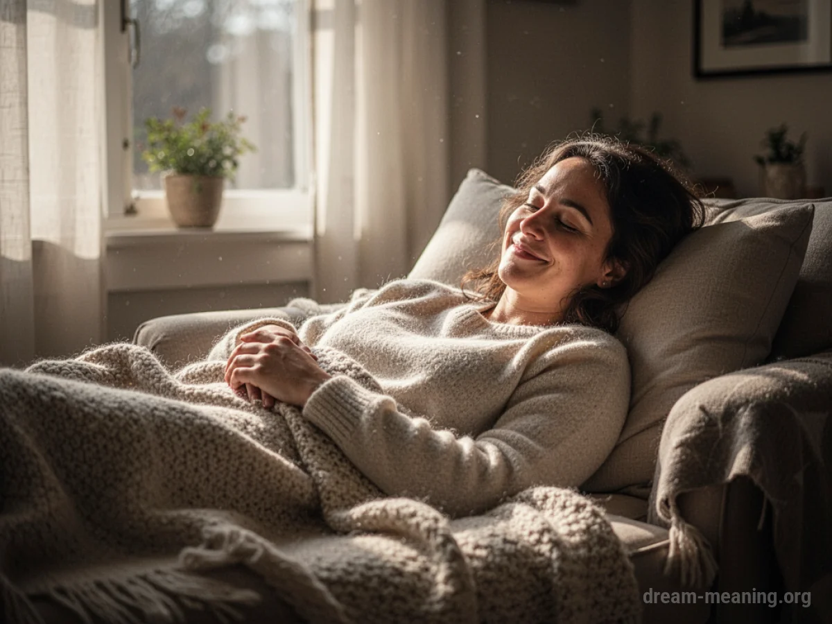 A person relaxing peacefully in a warm, sunlit environment.