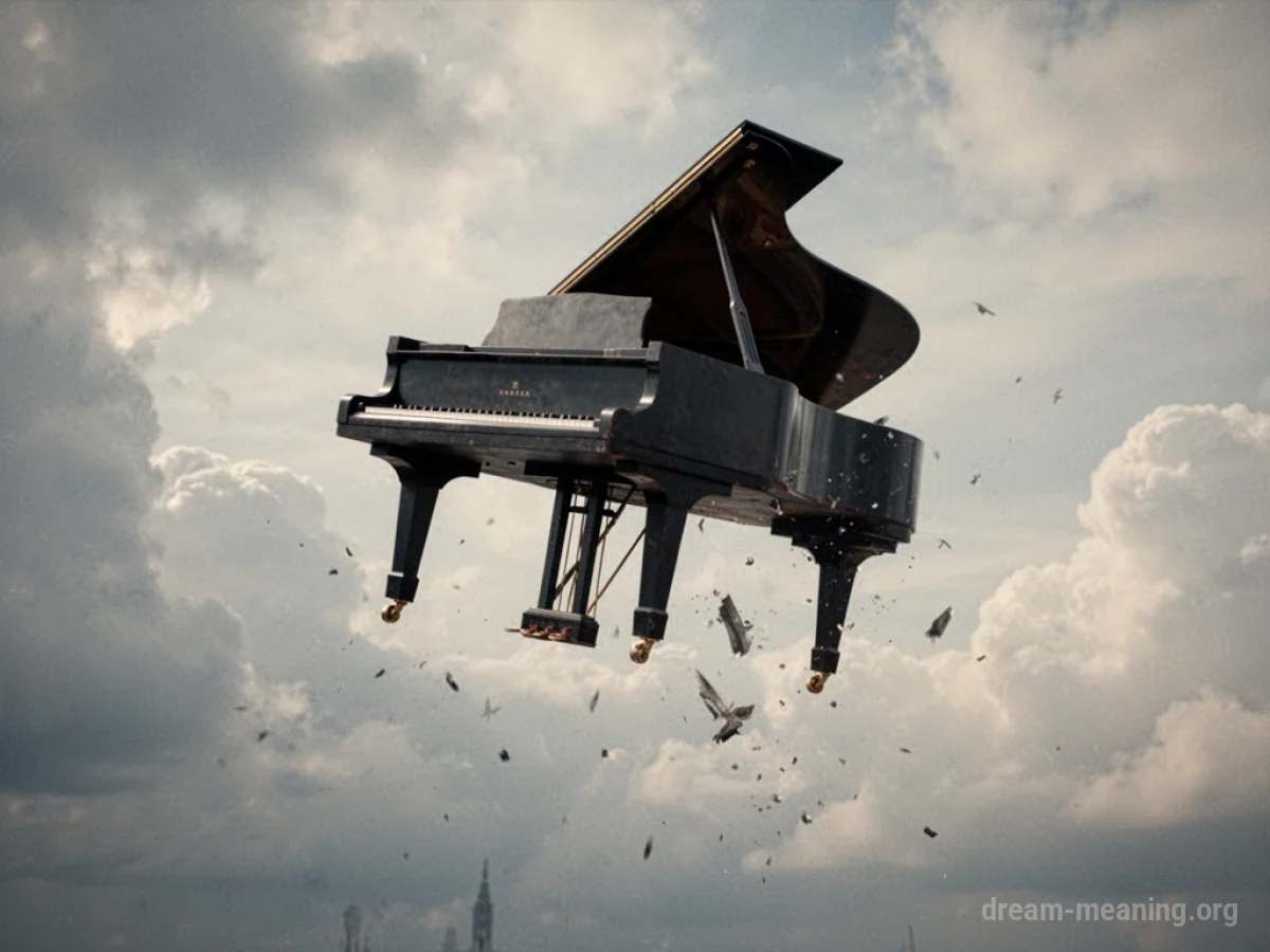 A grand piano falling through the sky.