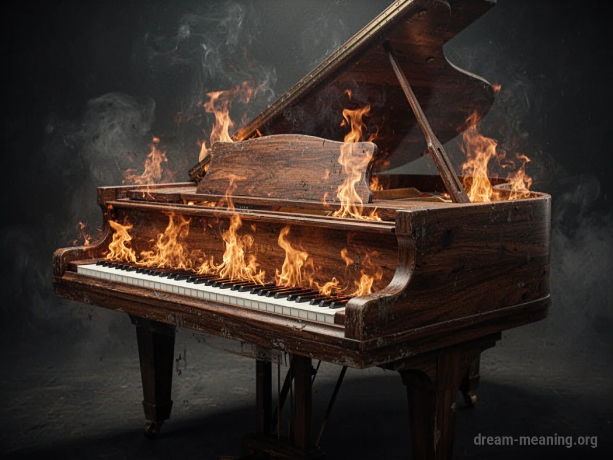 A piano engulfed in flames.