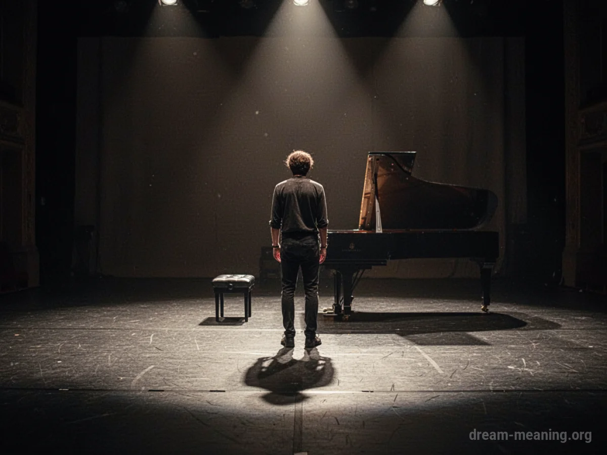 A single person stands on a stage facing a grand piano in shadow.