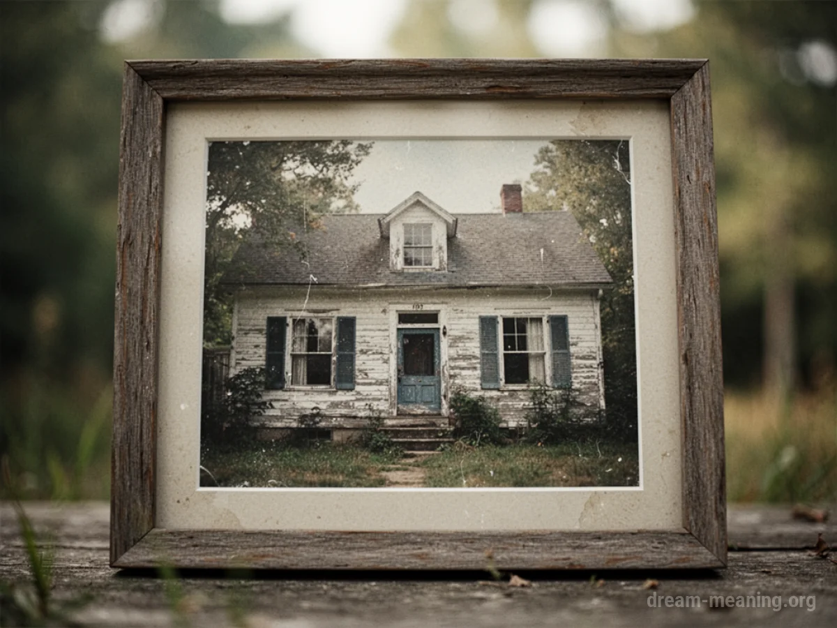 A framed photograph of a childhood home.