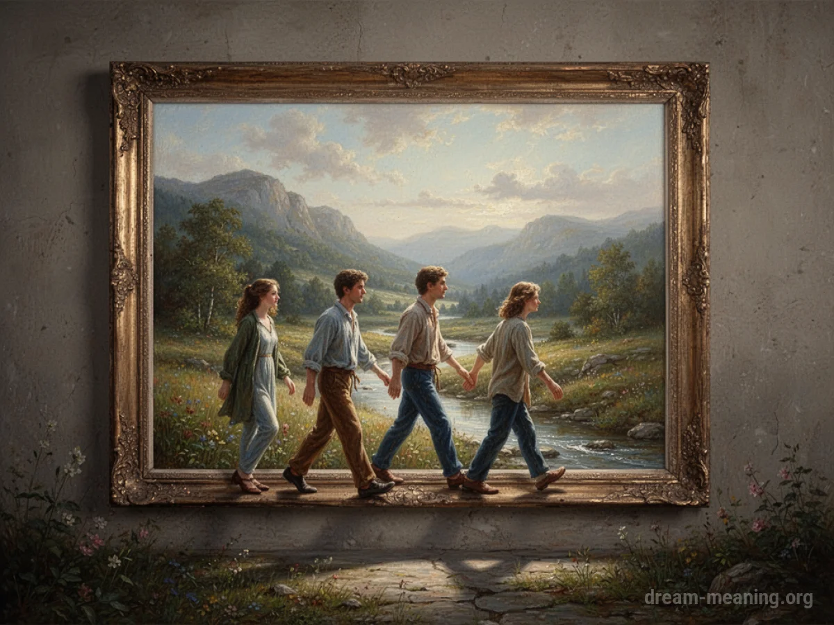 A painting with figures moving out of its frame into the room.