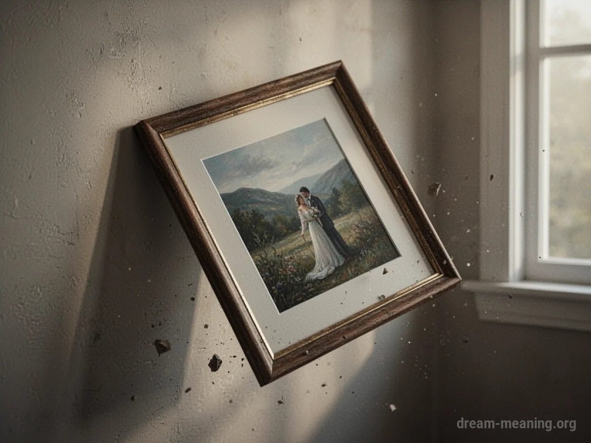 A framed picture tilted on a wall.