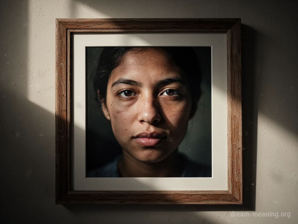 A framed photograph of an unknown person's face with a portion in shadow.