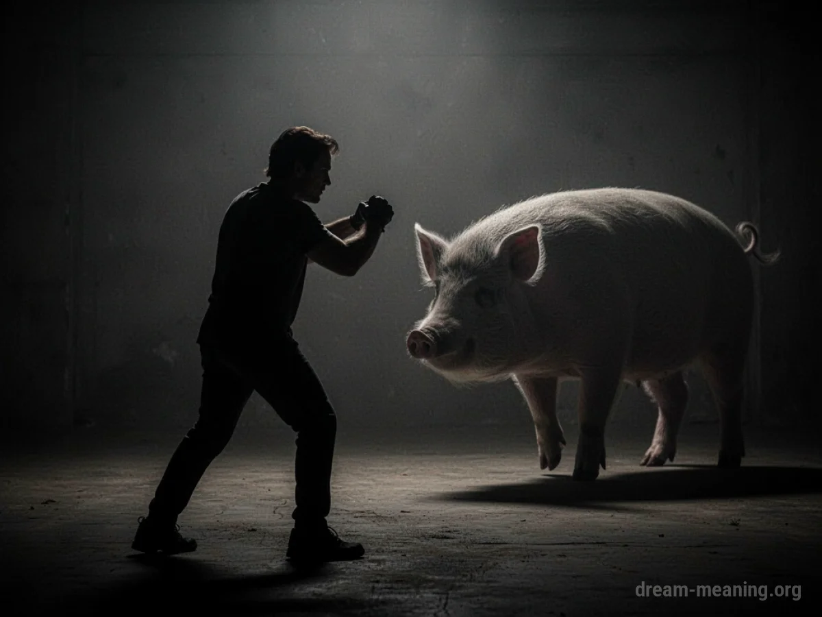 Silhouette of a person facing a shadowy pig figure.