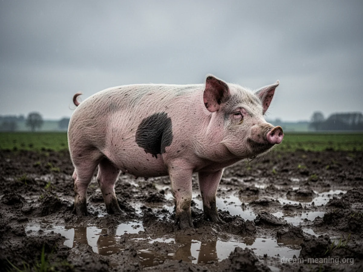 A pig standing in a muddy field with a dark mark on its side.