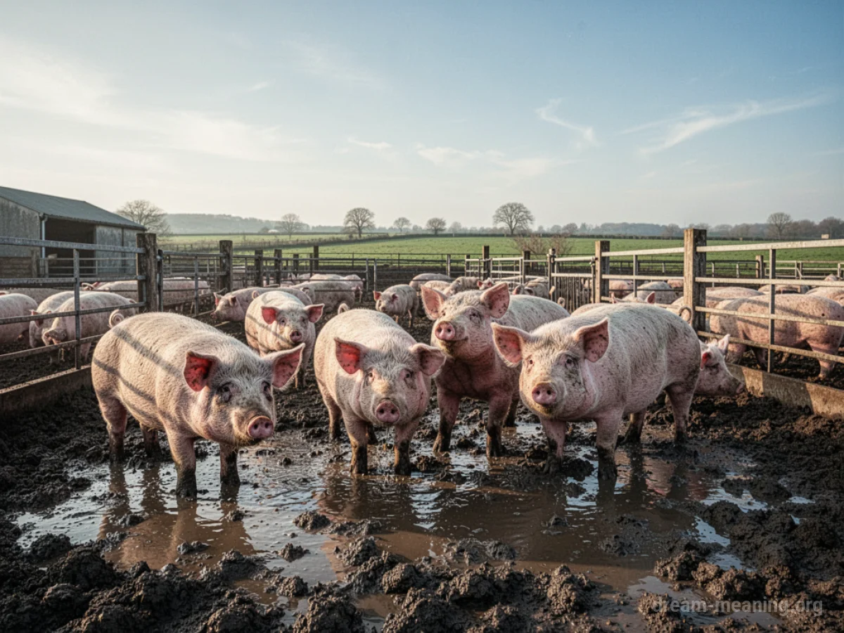 A landscape view of a pig farm with several buildings and fenced areas.