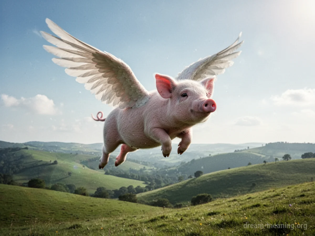 A pig with wings flies through the sky.