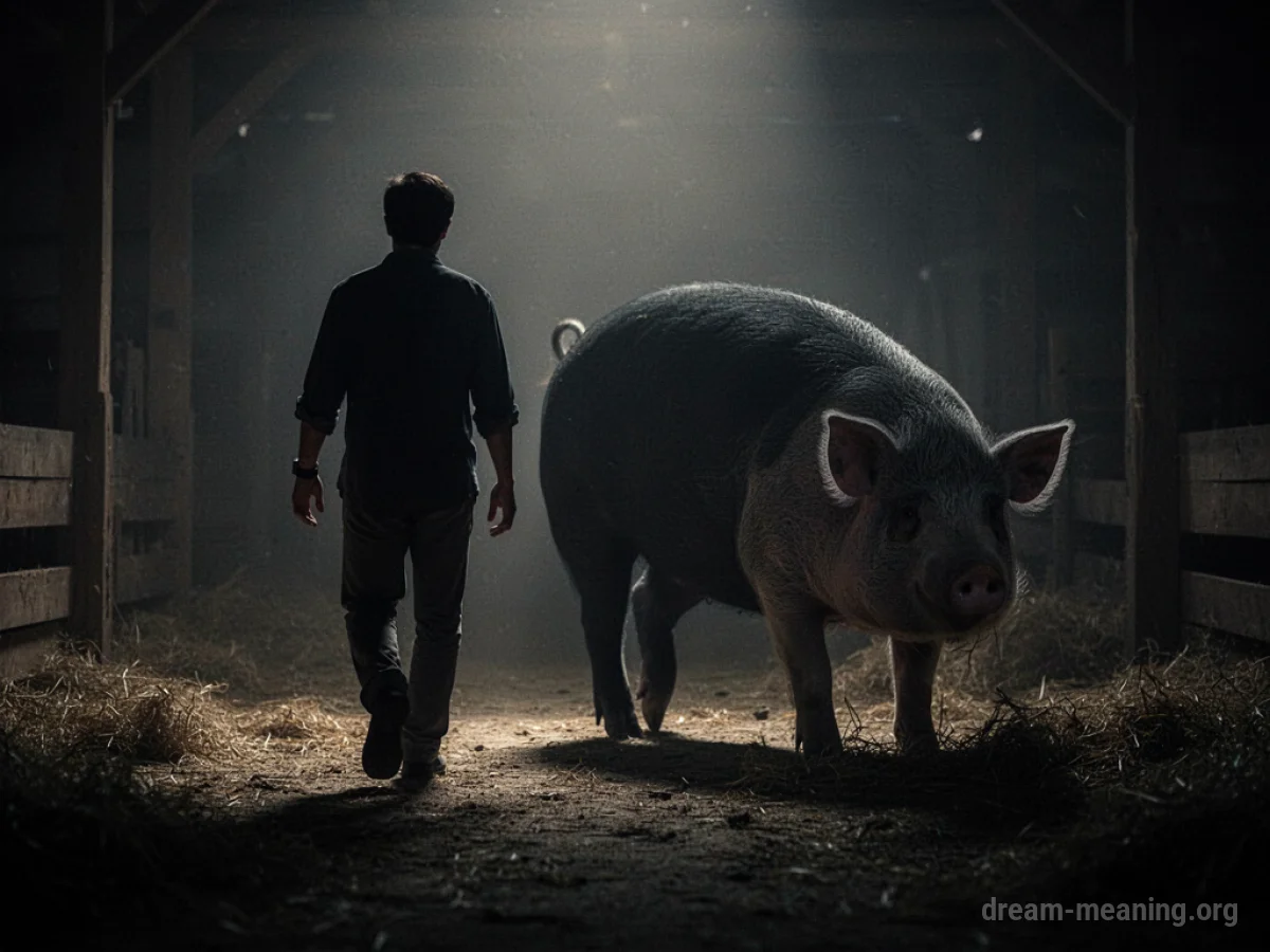 Silhouette of a person walking away from a pig-like shadow.