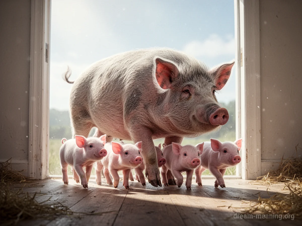 A mother pig with several piglets surrounding her in a clean, well-lit enclosure.