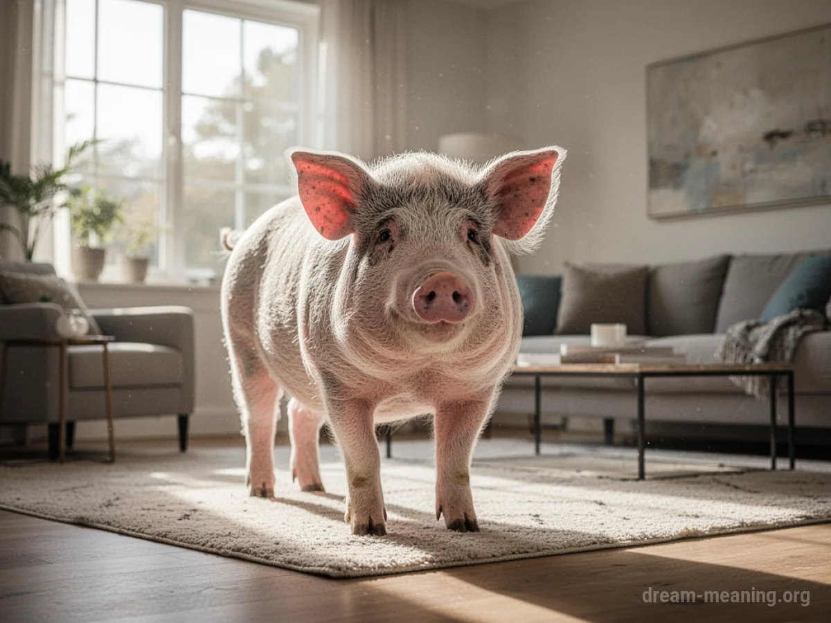 A pig stands in the middle of a living room.