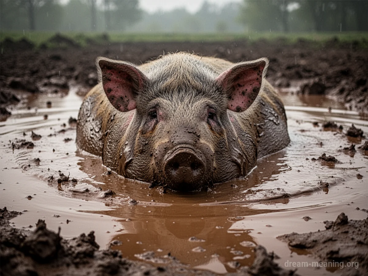 A pig standing in a muddy puddle.