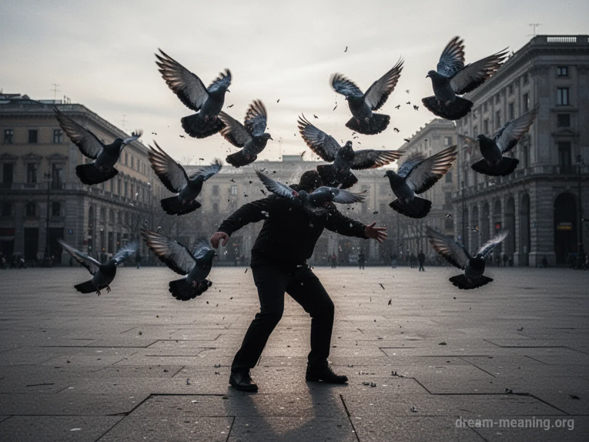 Silhouette of a person facing a swarm of attacking pigeons.