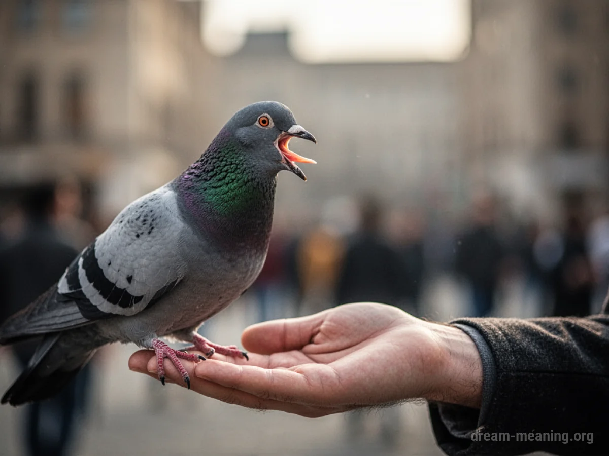 A pigeon's beak is close to a person's hand.