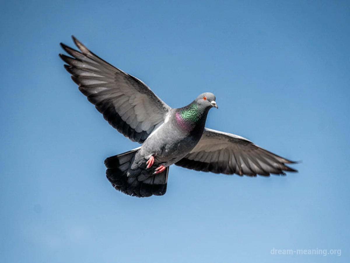 A pigeon in flight against a bright sky.
