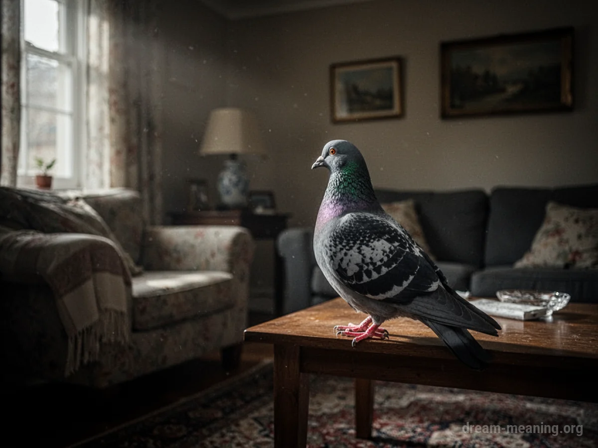 A pigeon stands on a carpeted floor in a room.