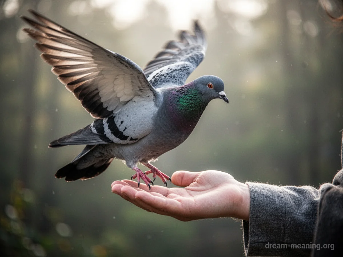 A pigeon alighting on a person's hand.
