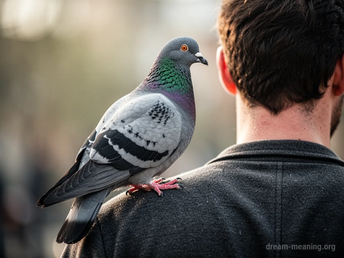 A pigeon rests on a person's shoulder.