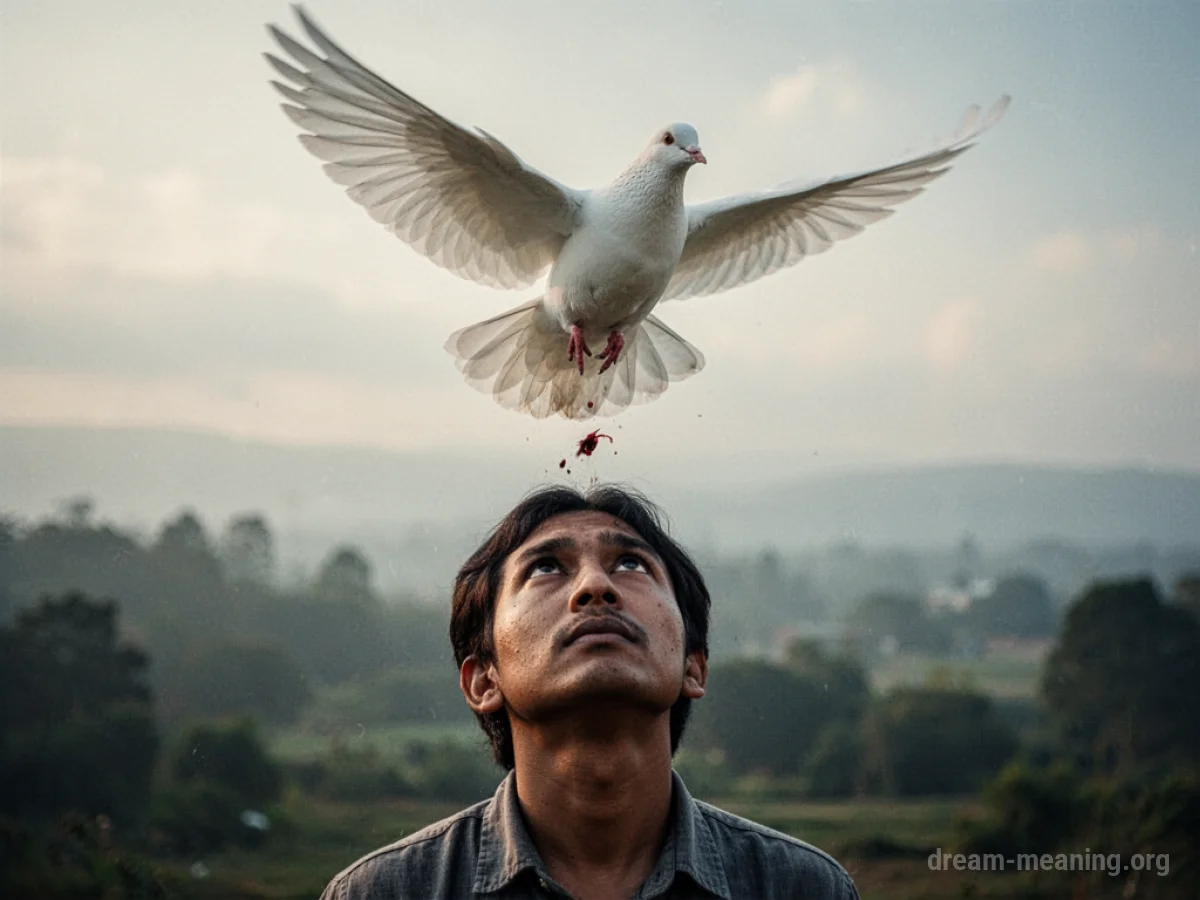 A pigeon flying above a person, with a small mark descending towards them.