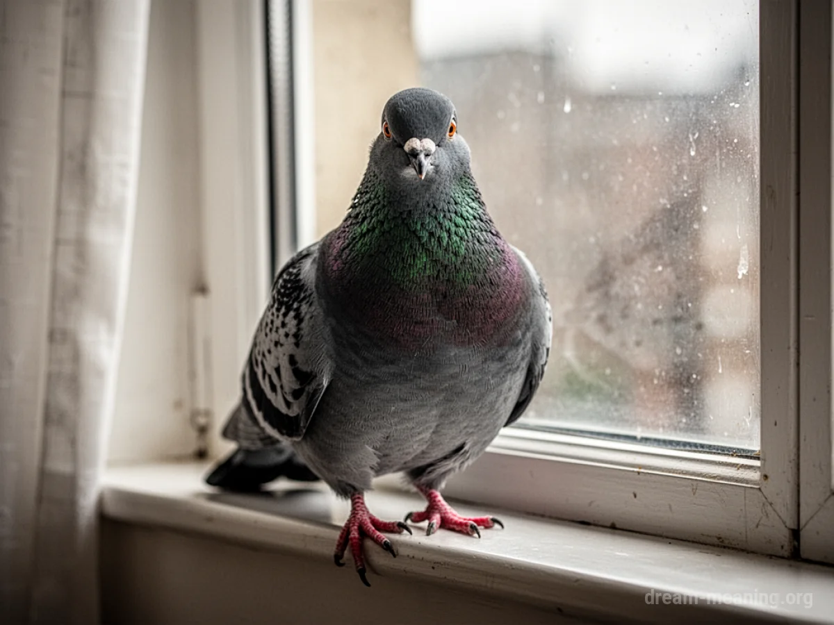 A pigeon sits on a windowsill, facing forward.