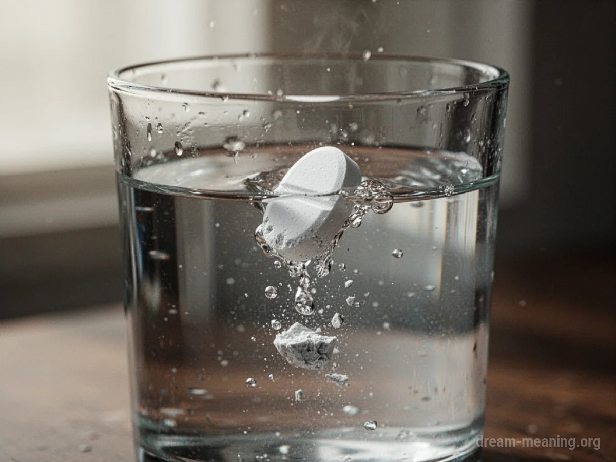 A white pill disintegrating in a glass of clear water.