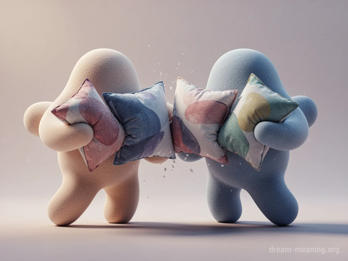 Two soft, amorphous figures playfully interacting with pillows.