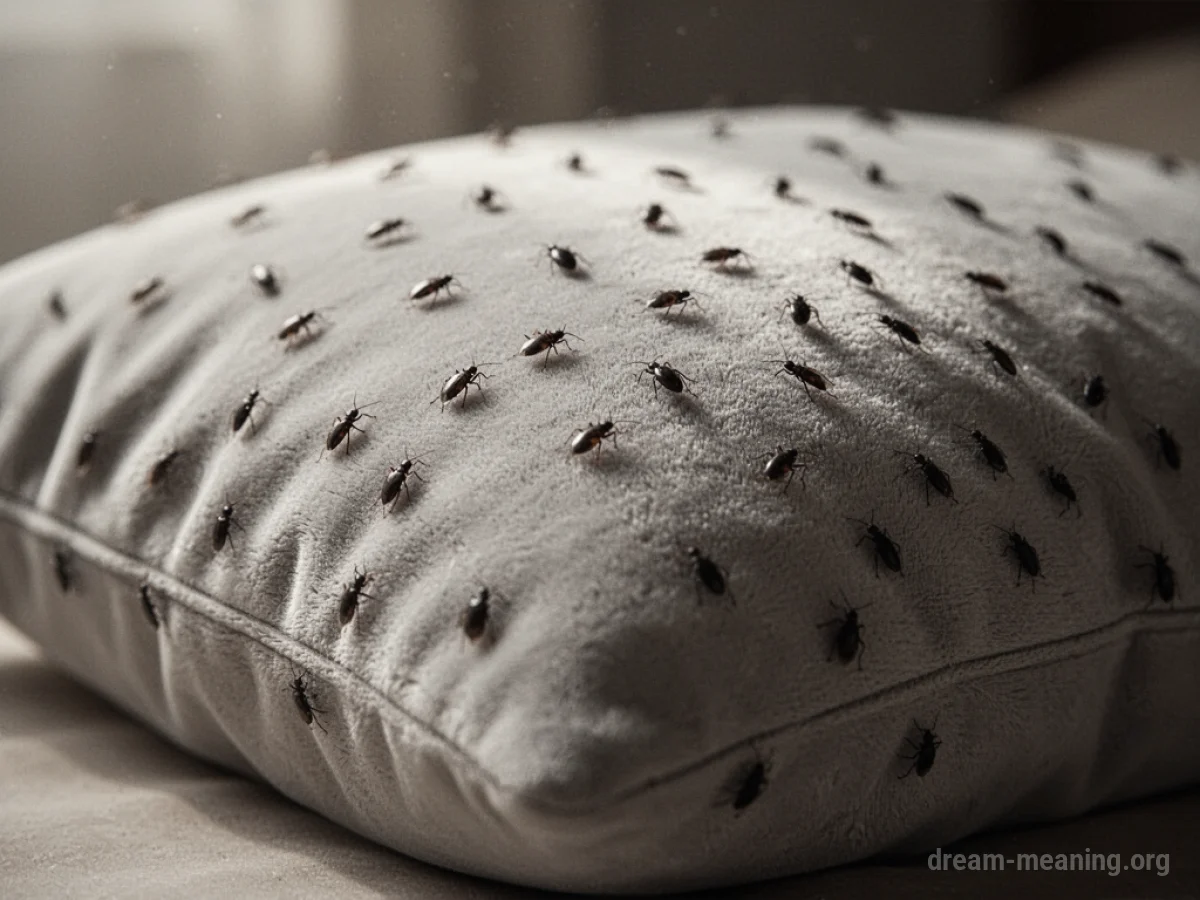 Small dark insects crawling on the surface of a white pillow.