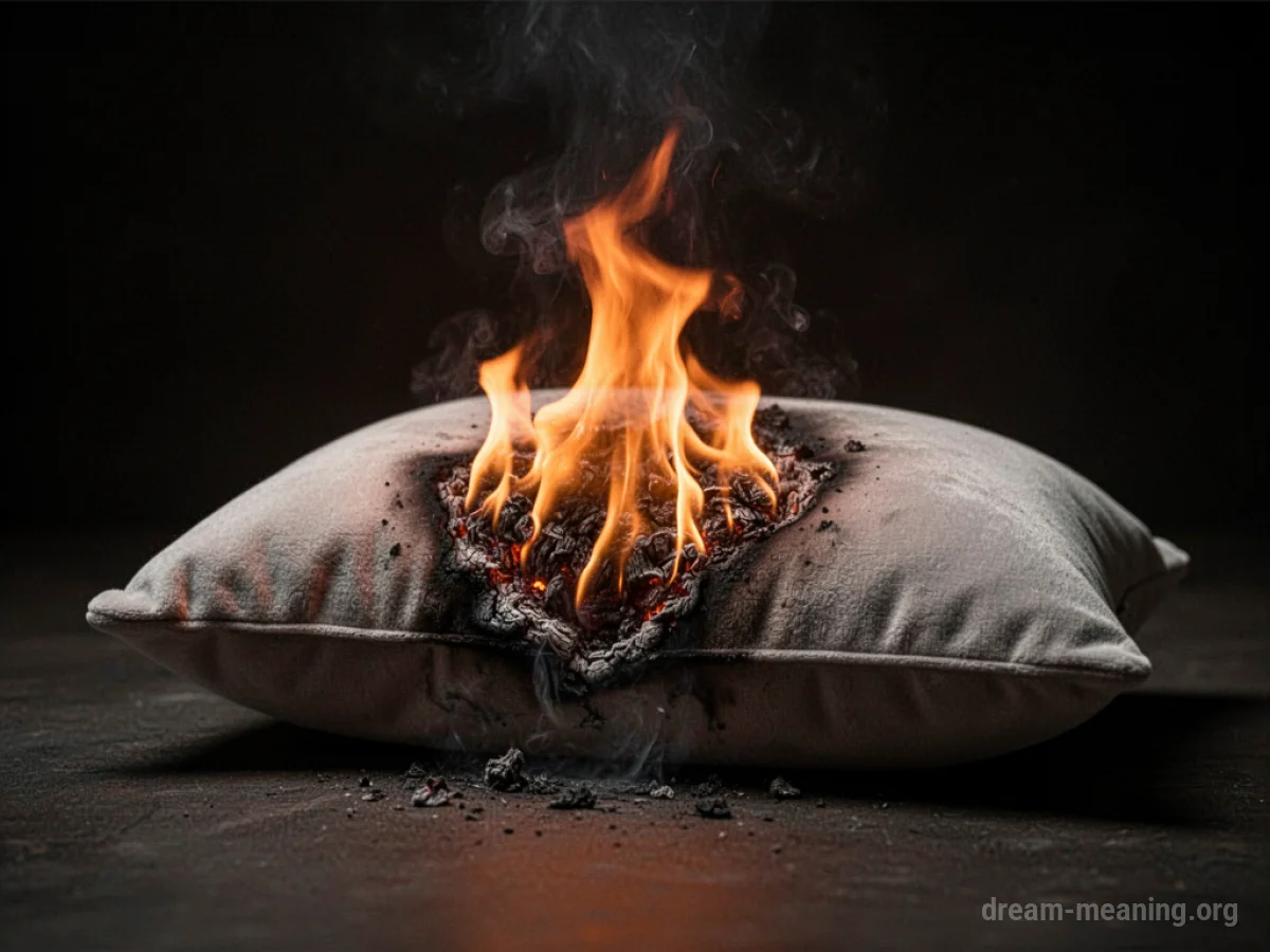 A pillow burning with soft, contained flames.