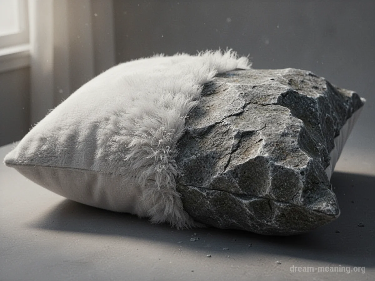 A pillow with one half appearing solid and stone-like, contrasting with the soft fabric of the other half.