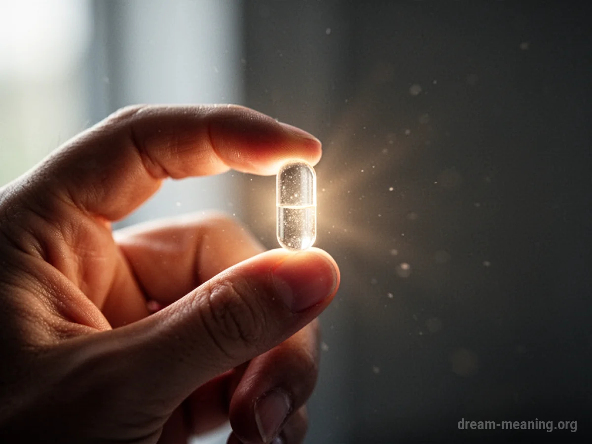 A hand holding a luminous pill.