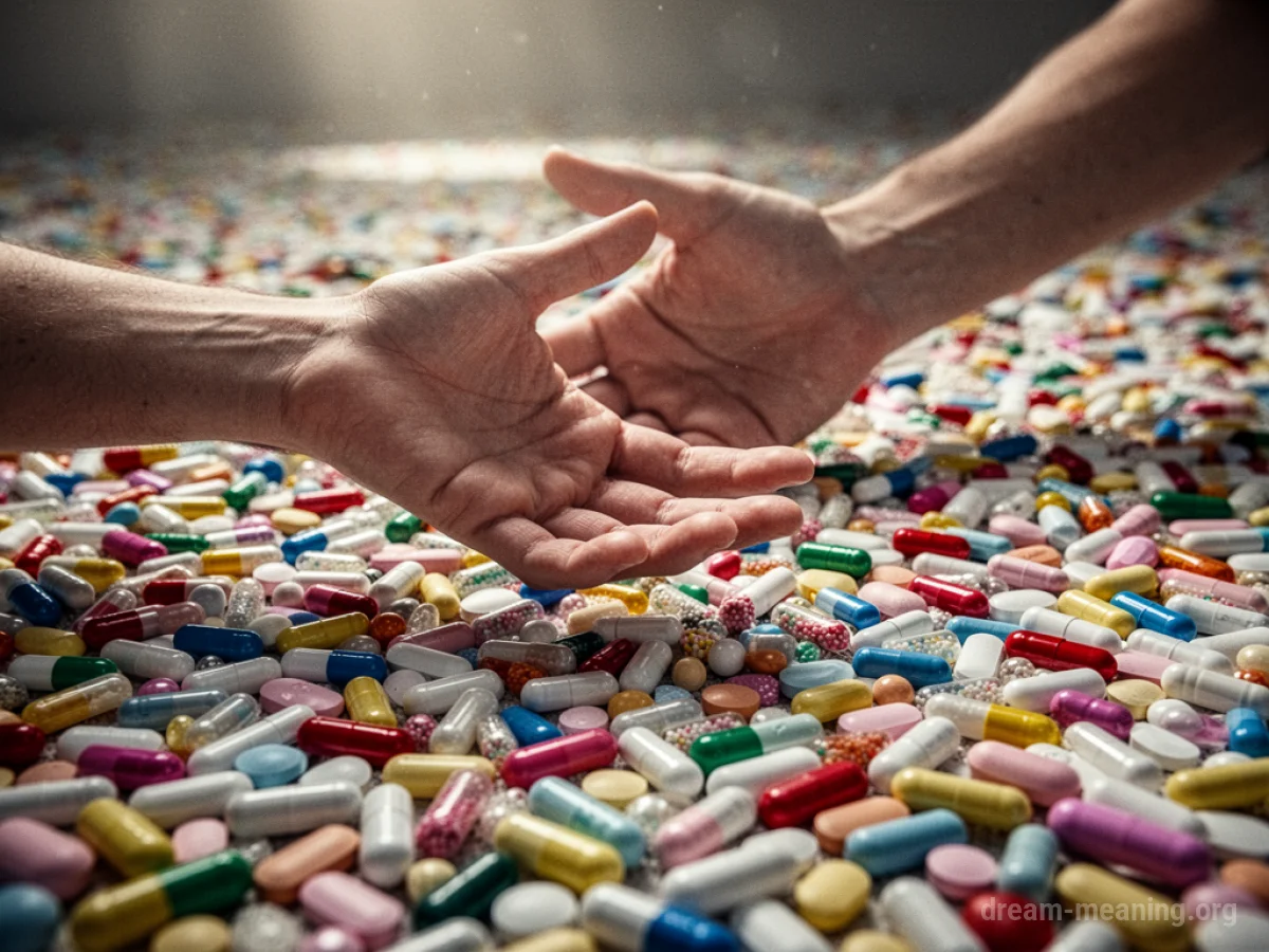 A hand reaching out over a wide expanse of scattered pills.