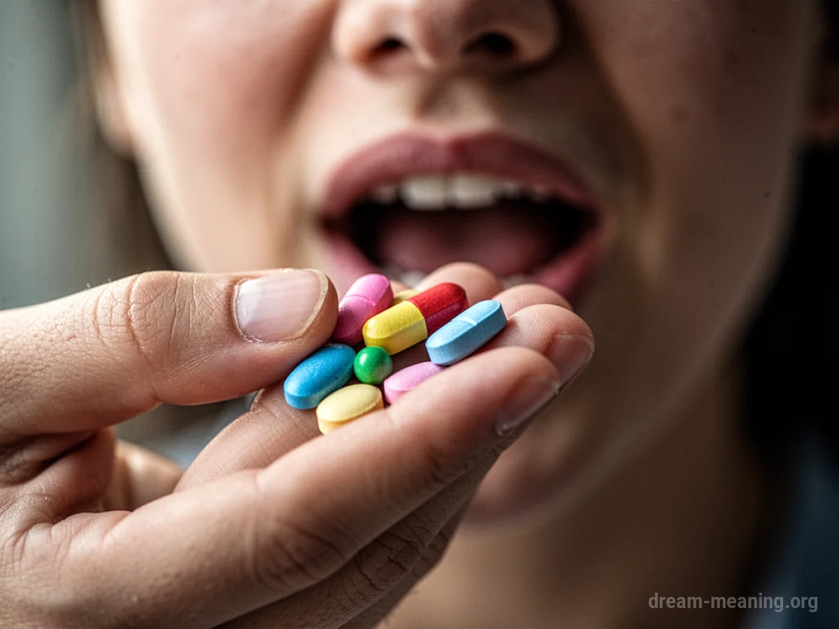 Hand holding pills, blurred mouth in background.