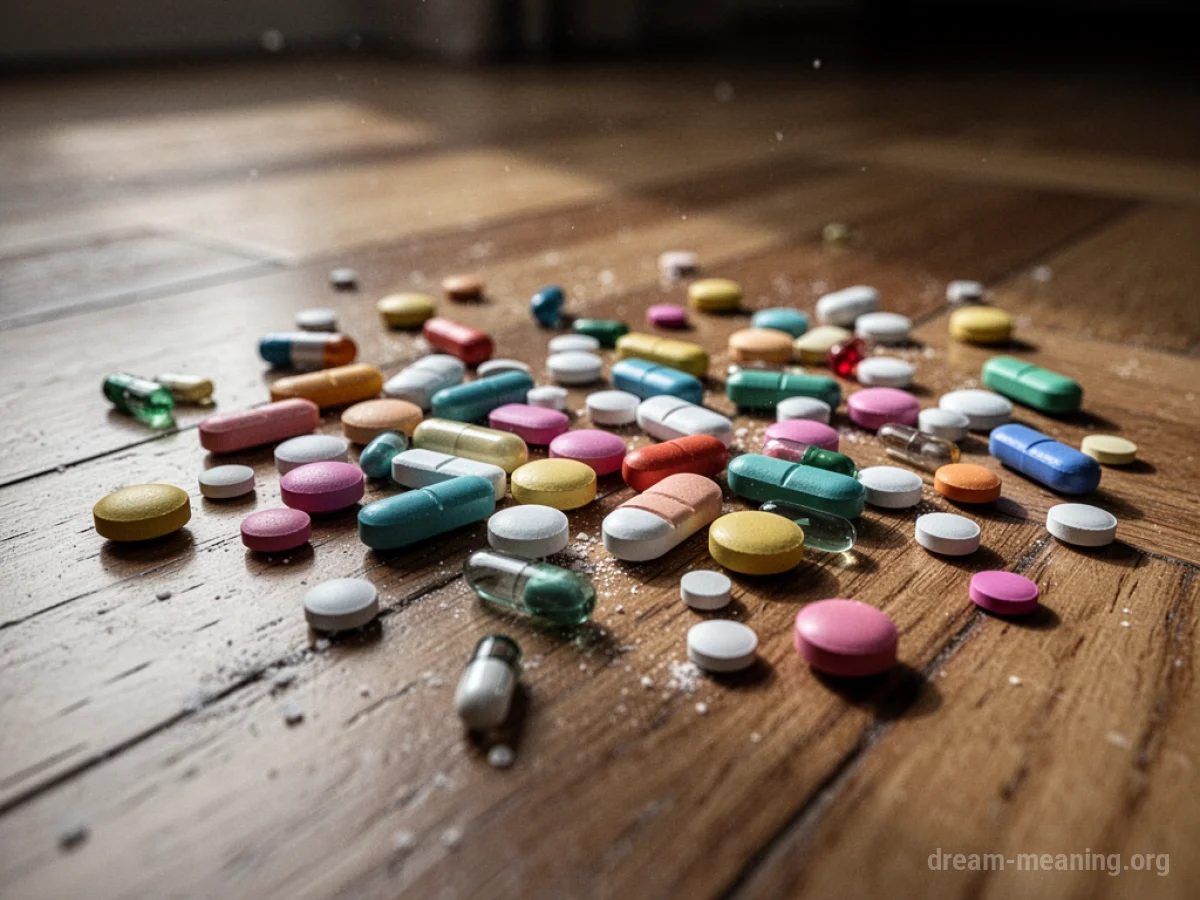 Various pills scattered across a wooden floor.