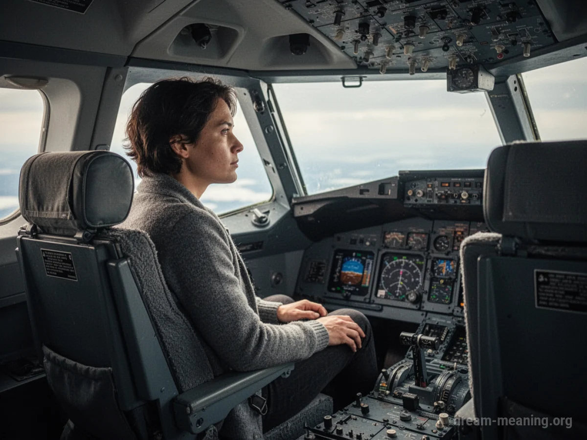 A person seated in the passenger area of an airplane cockpit.