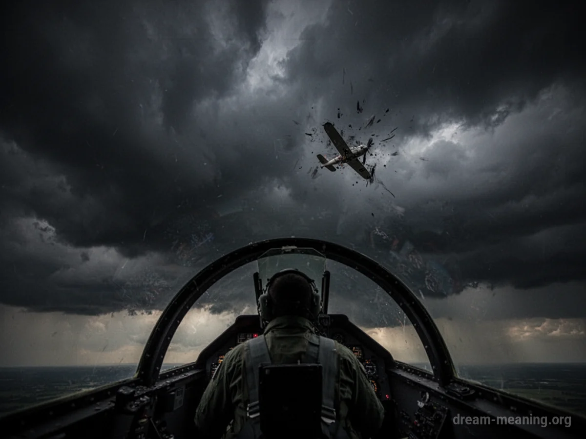 Silhouette of a pilot looking at a distant airplane descending in a stormy sky.