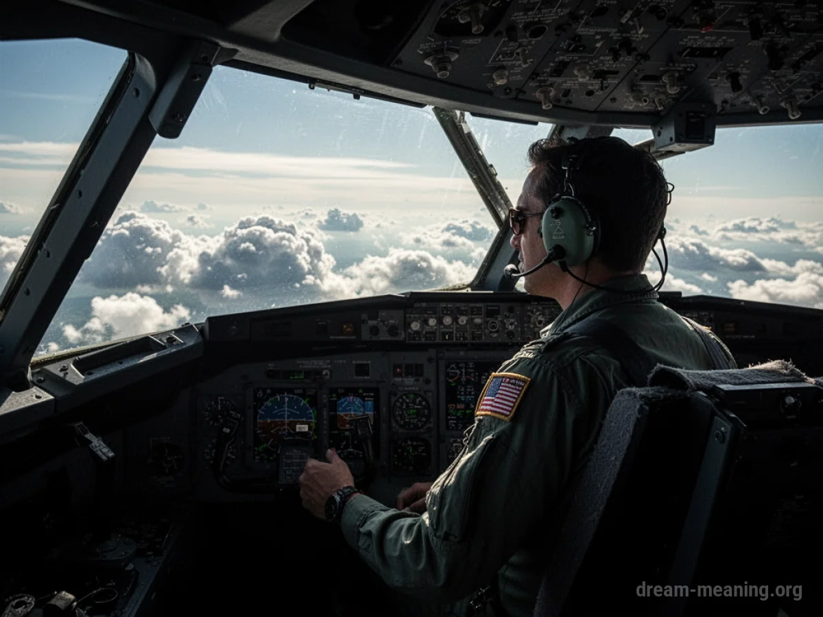 Silhouette of a pilot in an airplane cockpit looking out the windshield at the sky.