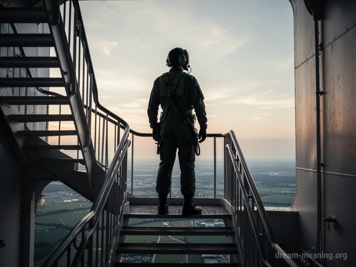 Silhouette of a pilot on stairs looking towards the horizon.