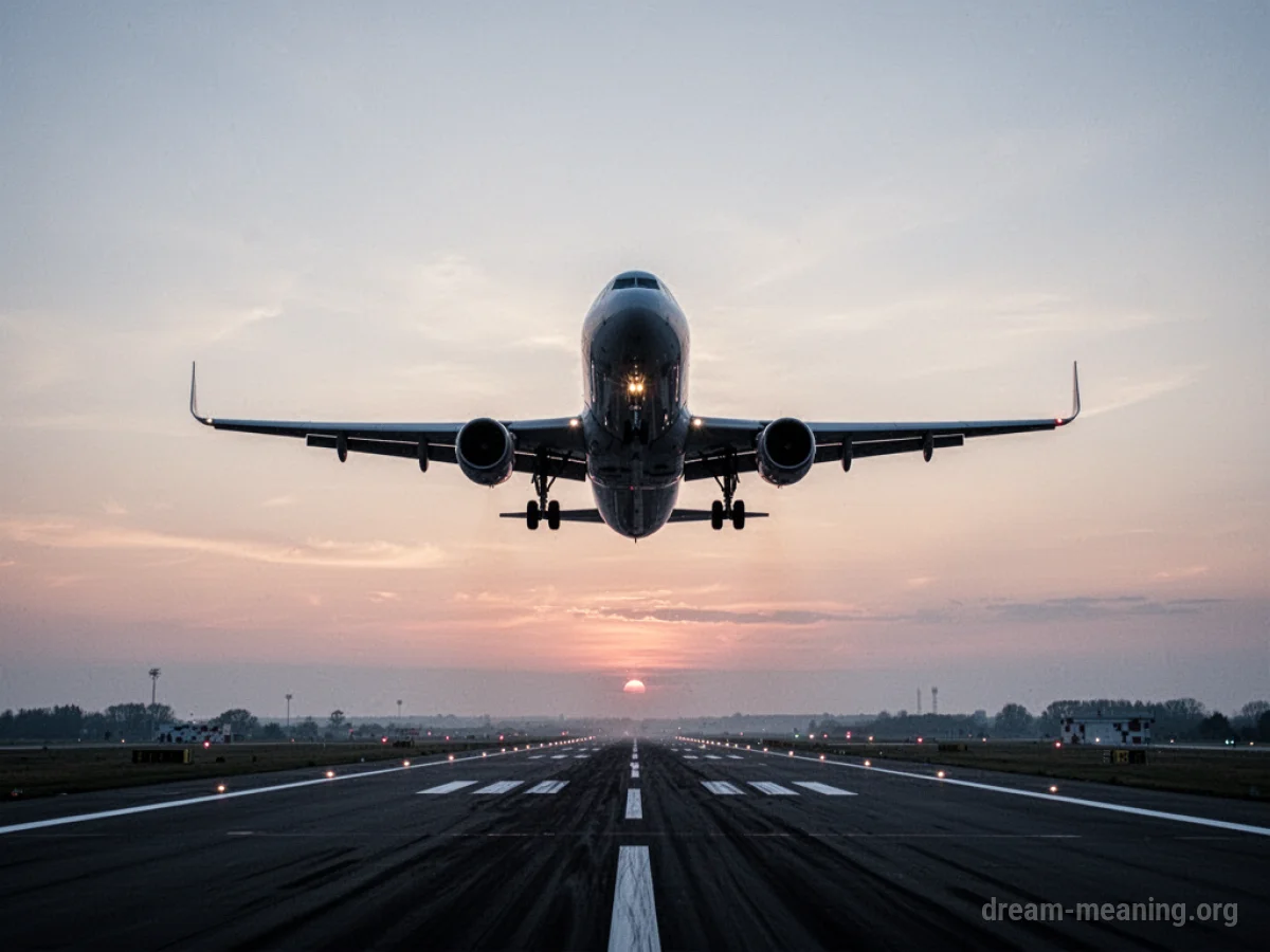 An airplane's silhouette approaching a runway at dusk.