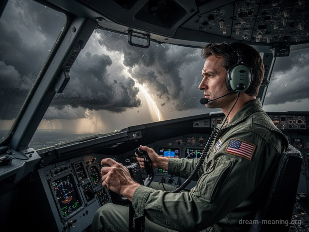 Pilot's hands gripping a plane's control yoke with a stormy sky visible through the cockpit window.