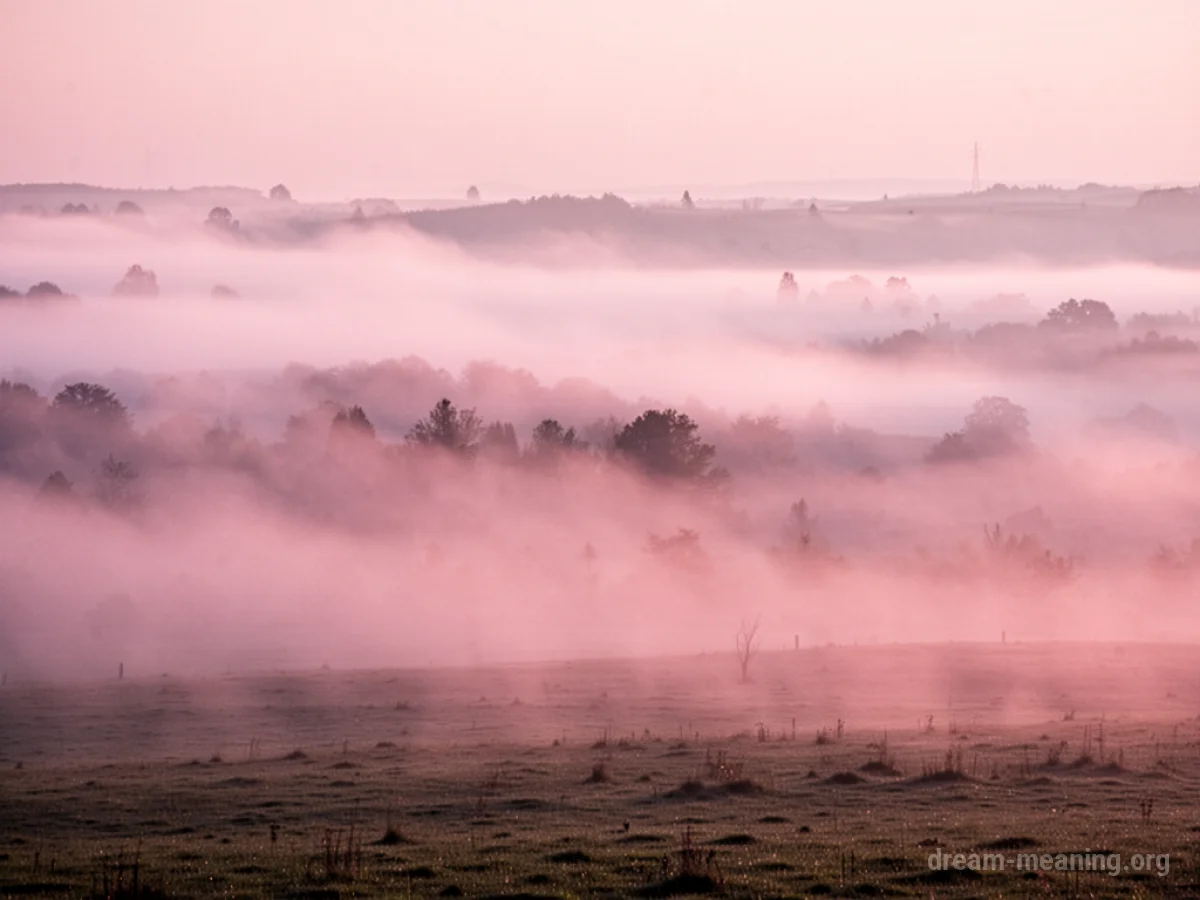A swirling pink fog partially hiding a landscape.