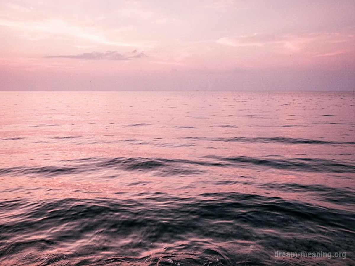 A tranquil pink-colored ocean under a soft sky.