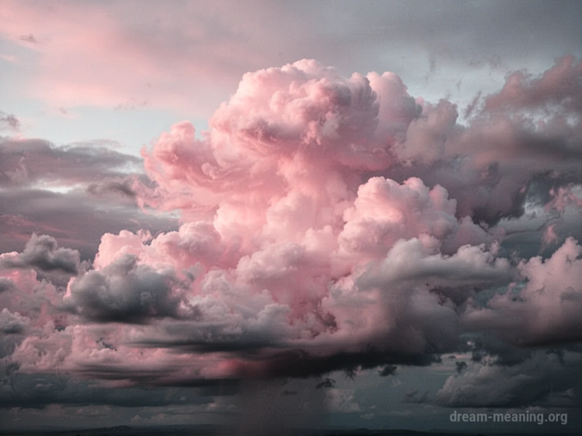 A sky filled with soft pink clouds tinged with grey.