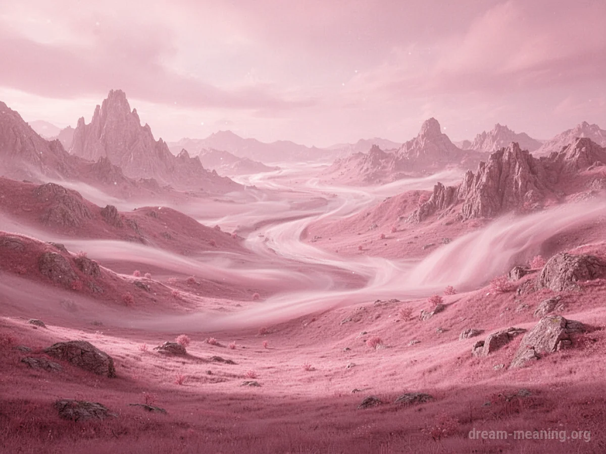 A panoramic view of a landscape colored entirely in shades of pink.